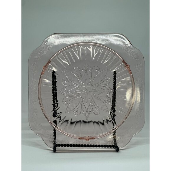 VTG Jeannette Glass Co. Adam Pink Footed Cake Plate Depression Floral Etching - Picture 1 of 9